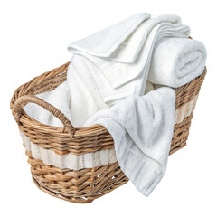 Obraz premium Wicker Basket Filled with Clean Watercolor White Towels isolated on transparent background