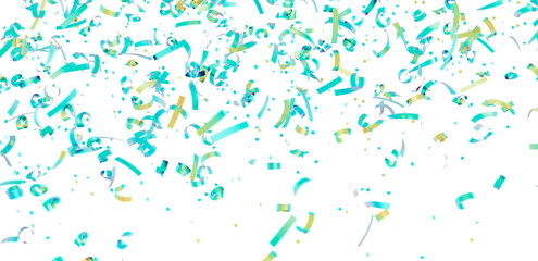 Beautiful image of teal and gold confetti falling on a white background. Perfect for celebrations, parties, and festive designs.
