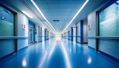 Obraz premium a serene and abstract hospital corridor emphasizing calmness and cleanliness with soft blue hues and smooth lighting