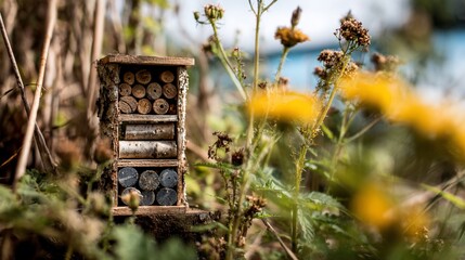 Wooden Insect Hotel in Natural Garden Setting with Yellow Flowers and Green Foliage