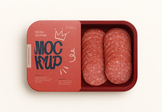 Template Sausage Slices Packaging Container Mockup &ndash; Realistic Plastic Food Tray Design for Processed Meat Branding and Supermarket Product Display