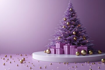 Purple Christmas tree with gold ornaments and gifts on a white platform violet lavender
