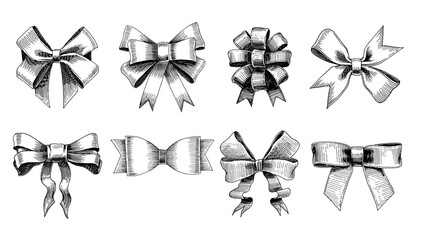Ribbon gift bow in hand drawn, engraving style. Collection of decorative holiday elements for birthday, wedding or Christmas celebration. 