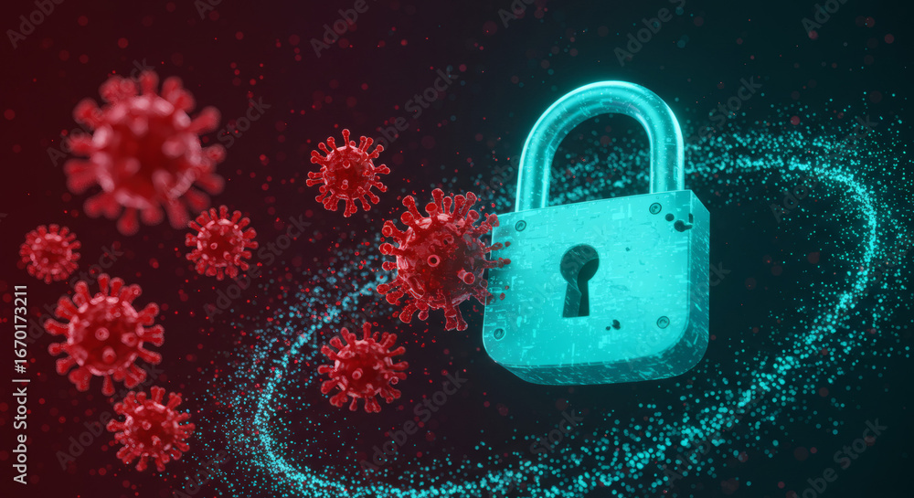 Poster advanced 3d rendering showcasing a complex viral structure, emphasizing cellular interaction and the