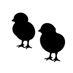 Black silhouette illustration of two adorable baby chicks on a white background
