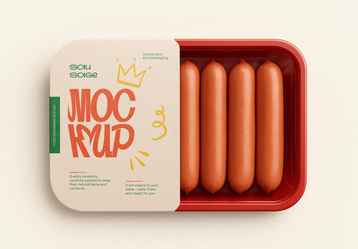 Template Sausage Packaging Mockup &ndash; Realistic Plastic Tray Food Container