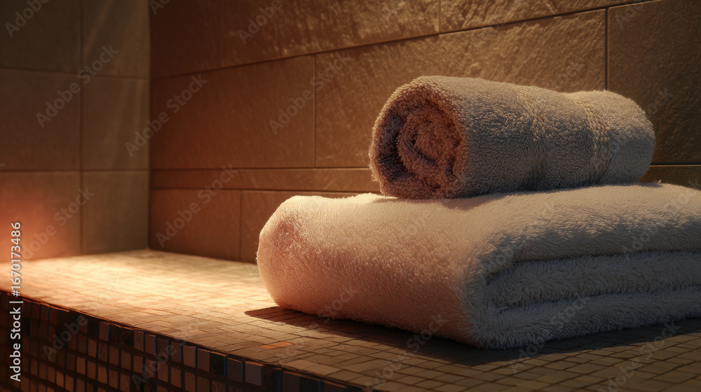 Poster soft towels neatly stacked on warm, textured surface in serene spa like environment, creating calmin
