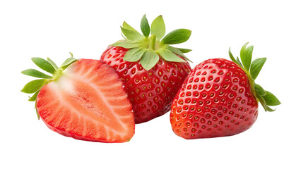 strawberries isolated two ripe strawberries half a strawberry with green leaves on a white background isolated on white background
