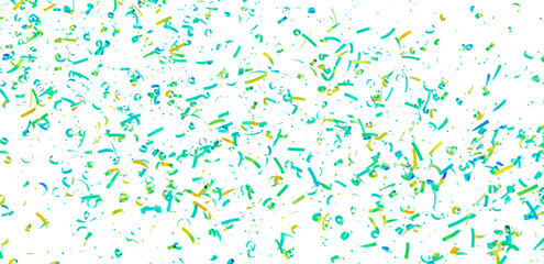 Bright teal, green, and gold confetti falling on white background. Great for party invitations, celebrations.