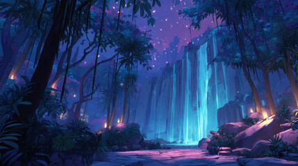 Fototapeta premium Serene waterfall cascades down rocky cliffs, surrounded by lush tropical foliage and illuminated by soft, ethereal lights. enchanting atmosphere evokes sense of tranquility and wonder