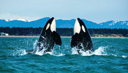 Two Orca whales breach the water in a dynamic display near the mountains