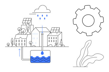 Urban architecture with solar panels, rainwater harvesting tank, cloud, gear, and plant. Ideal for sustainability, water conservation, environment, technology innovation eco-living renewable