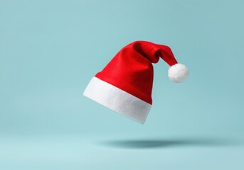 Classic red santa hat floating against a soft blue background