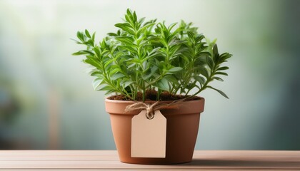 Fototapeta premium green plant in a brown pot with a blank tag