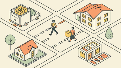 Isometric illustration of people moving boxes between houses and a delivery truck.