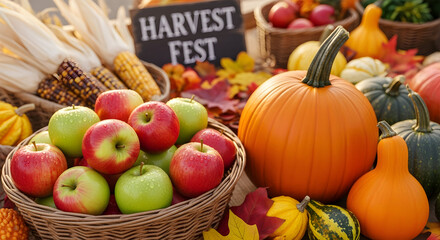 Vibrant autumn harvest display with apples, pumpkins, gourds, and fall leaves at a farmers market