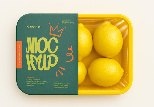 Template lemon packaging mockup in plastic container, fresh citrus fruit tray design