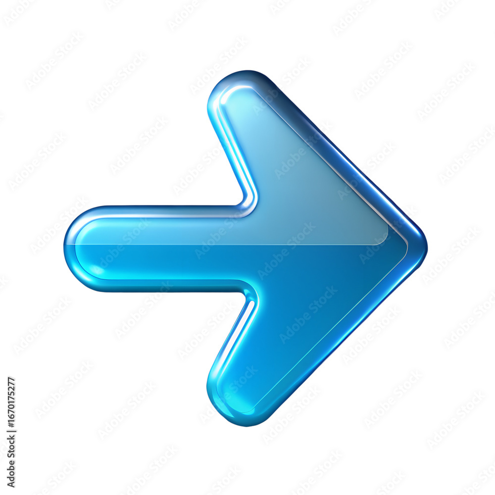 Poster glossy blue right arrow icon with a reflective surface isolated on transparent background