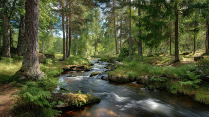 Serene forest landscape featuring flowing river surrounded by lush greenery and tall trees. sunlight filters through leaves, creating peaceful atmosphere