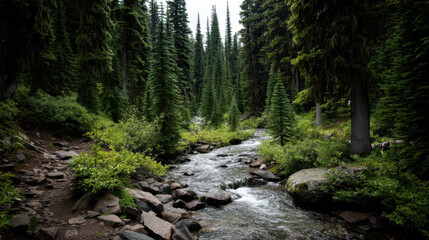 Obraz premium Serene forest landscape featuring tall evergreen trees surrounding flowing stream. lush greenery and rocky terrain create peaceful atmosphere, perfect for nature lovers