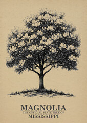 Mississippi State Tree Magnolia Wall art Poster, Illustration For Wall Hanging Home Decoration Vintage Wall Art, Us State Poster