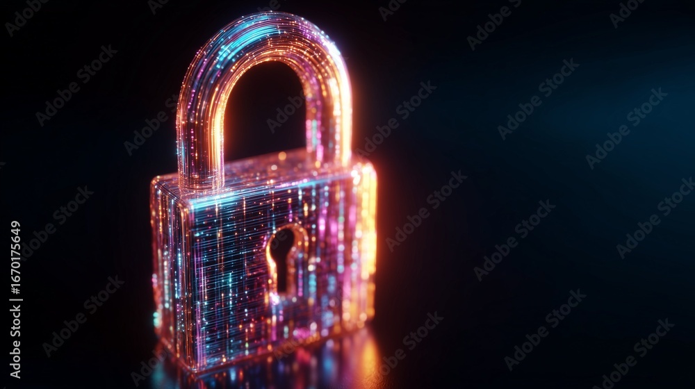 Poster secure digital data protection with a glowing padlock illustration, symbolizing cybersecurity and on