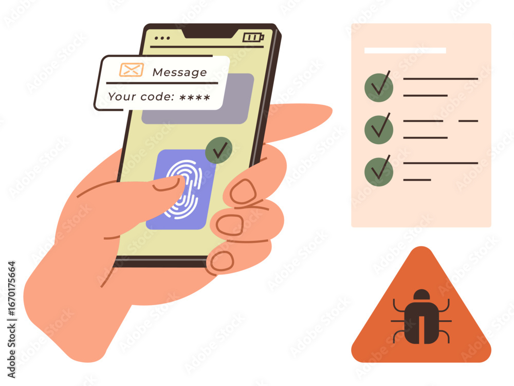 Poster hand holding phone with fingerprint scan, code message, checklist with ticks, and bug alert sign. id