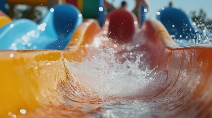 Fototapeta premium View from the bottom of the water slides in the water park. In the foreground is a splash of water in an orange trough, followed by bright red, blue and yellow slides. Summer, movement and fun.