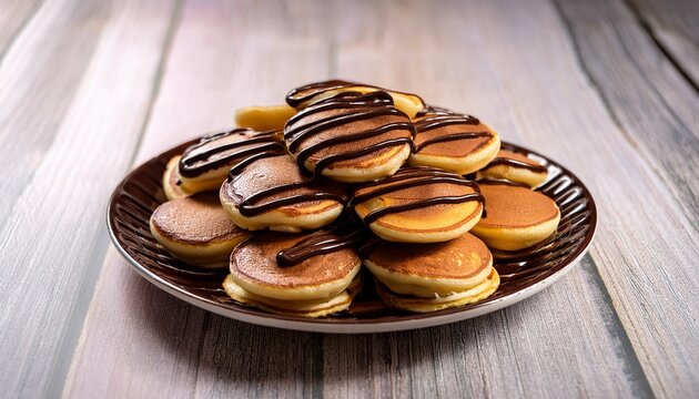 delicious mini pancakes drizzled with rich chocolate create tempting dessert display perfect for sweet cravings