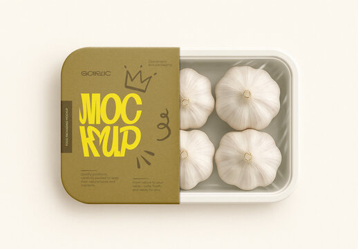 Template Garlic Food Packaging Mockup &ndash; Fresh White Garlic in Plastic Tray