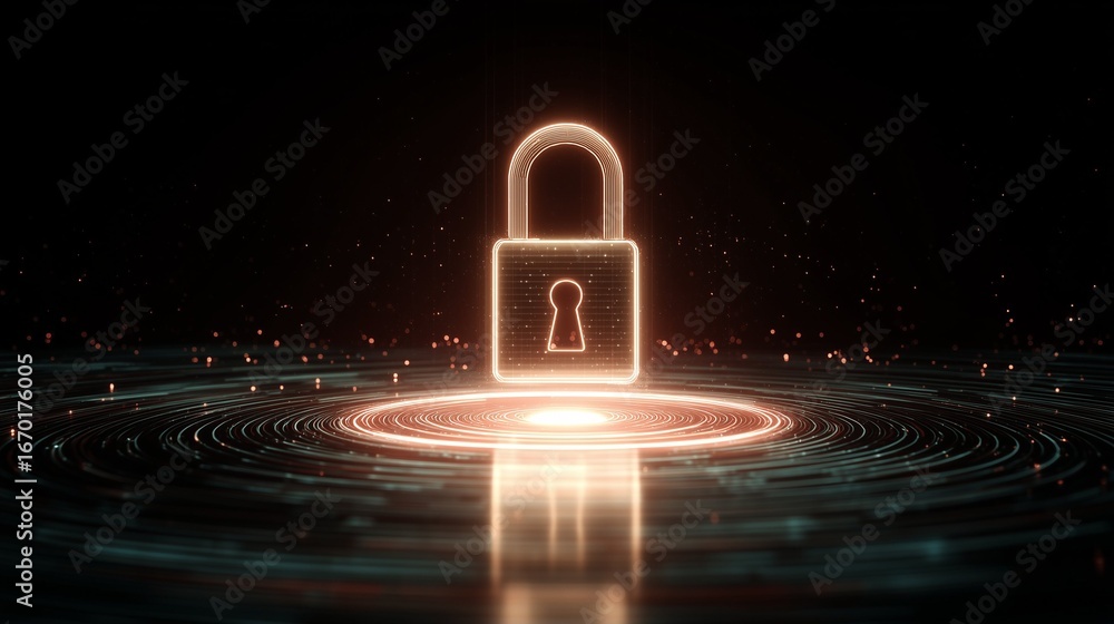 Poster digital security golden padlock protecting data in a technological world