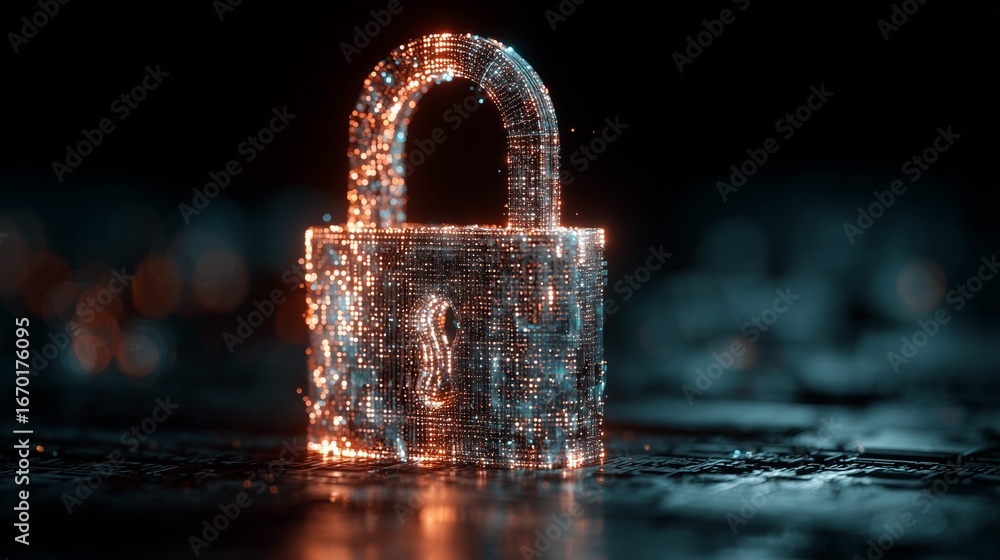 Poster cybersecurity digital lock and key to data protection in the modern age