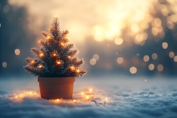 Small potted Christmas tree with warm lights in snowy outdoor setting potted tree evergreen