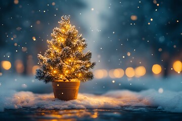 Small potted Christmas tree with warm lights in snowy outdoor setting potted tree small tree