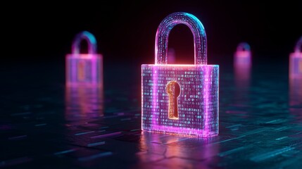 Glowing digital padlocks symbolizing advanced cybersecurity and data protection in a futuristic network environment for online privacy and secure data management
