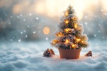 Small snow covered Christmas tree with lights in pot with pinecones and snowflakes winter