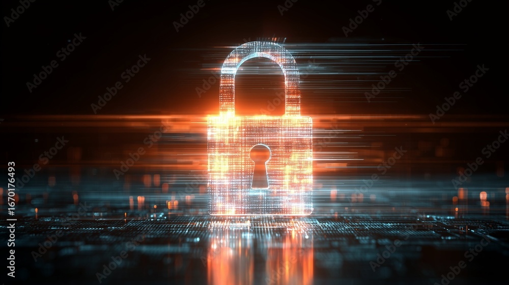 Poster abstract concept of digital cybersecurity and futuristic data protection with a glowing padlock icon