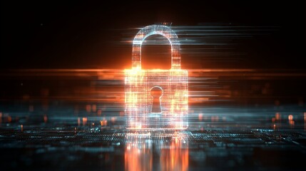 Abstract concept of digital cybersecurity and futuristic data protection with a glowing padlock icon over a complex circuit board