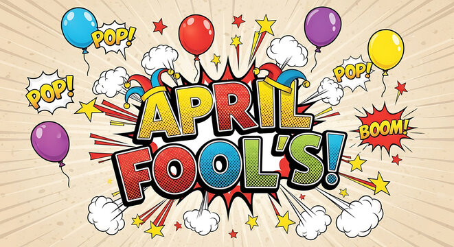 April Fools Day Comic Style Celebration with Balloons and Comic Book Elements for Greeting Cards and Social Media