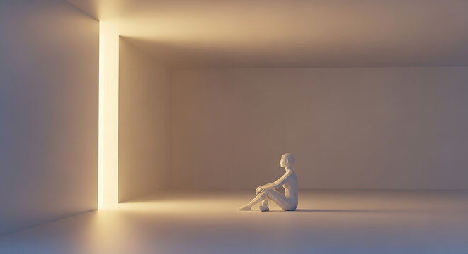 Stylized androgynous lowpoly figure sitting in a contemplative pose with a faceted texture.