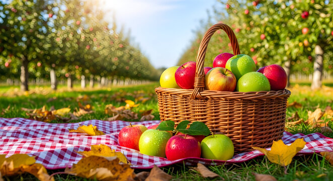 Autumn orchard scene with pumpkins and apples in a basket, perfect for seasonal promotions and harvest festivals