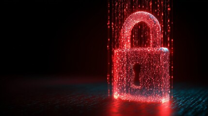 Digital security concept - glowing red padlock symbol with binary code falling on a dark background, representing cybersecurity and data protection