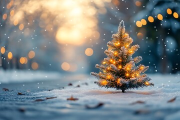 Small snow covered fir tree with orange lights in winter landscape Christmas tree