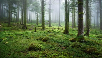 Obraz premium forest misty dense evergreen forest mossy ground cover