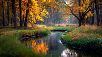 Obraz premium Serene autumn landscape featuring tranquil stream surrounded by vibrant orange and yellow foliage. reflection of trees in water creates picturesque scene, evoking sense of peace and natural beauty