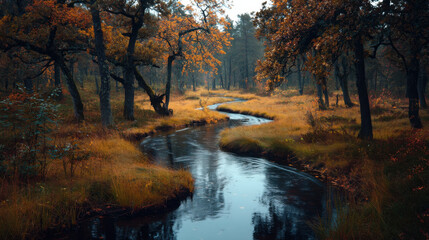 Serene landscape featuring winding river surrounded by autumn foliage. scene captures beauty of nature with vibrant orange and yellow leaves, reflecting on calm water