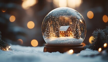Snow globe with cozy cabin and pine trees in winter wonderland scene house