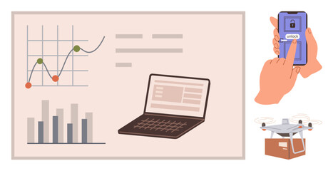 Obraz premium Laptop with charts representing analysis, hands unlocking phone with fingerprint, drone carrying parcel. Ideal for technology, innovation, data, security, logistics, delivery services connected