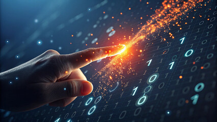 Finger touching digital data stream with glowing particles and binary code