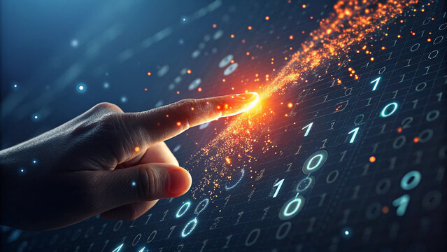 Finger touching digital data stream with glowing particles and binary code